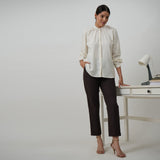 Shoji Set of 2 - Gather Neck Top & Pants - Textured White & Coffee Brown