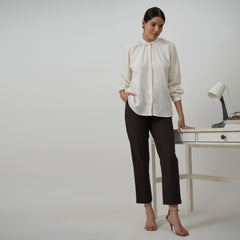 Shoji Set of 2 - Gather Neck Top & Pants - Textured White & Coffee Brown