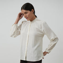 Shoji Gather Neck Shirt - Soft White Linen