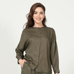 Uncollared Shirt - Olive Green