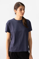 Saltpetre womens wear in navy blue. Crew neck t-shirt with half sleeves for casual, exercise and lounge wear. Made out of 100% organic cotton with straight hemline.