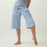 Saltpetre womens casual knee length culotte shorts with side pockets, in citadel blue in 100% organic cotton fabric.