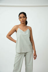 Saltpetre womens florence 3-piece set - cosmopolitian theme. Long overlay shirt with full sleeves, v-necked slip top, wide ankle length pants in 100% organic cotton