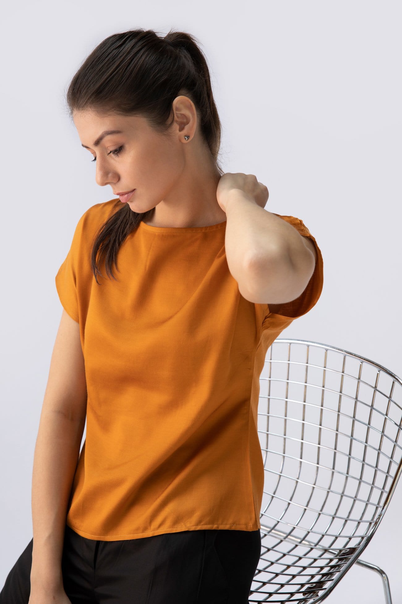 Mustard yelow short sleeve boat neck top Work t-shirts for women