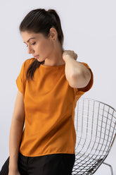 Saltpetre womens formal work t-shirts for under blazers in organic cotton with rounded necks - mustard yellow