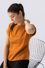 Saltpetre womens formal work t-shirts for under blazers in organic cotton with rounded necks - mustard yellow