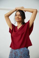 Saltpetre's organic cotton-made womens aurora tops, formal wear under blazers, handwoven cotton work t-shirts, rounded necks, maroon