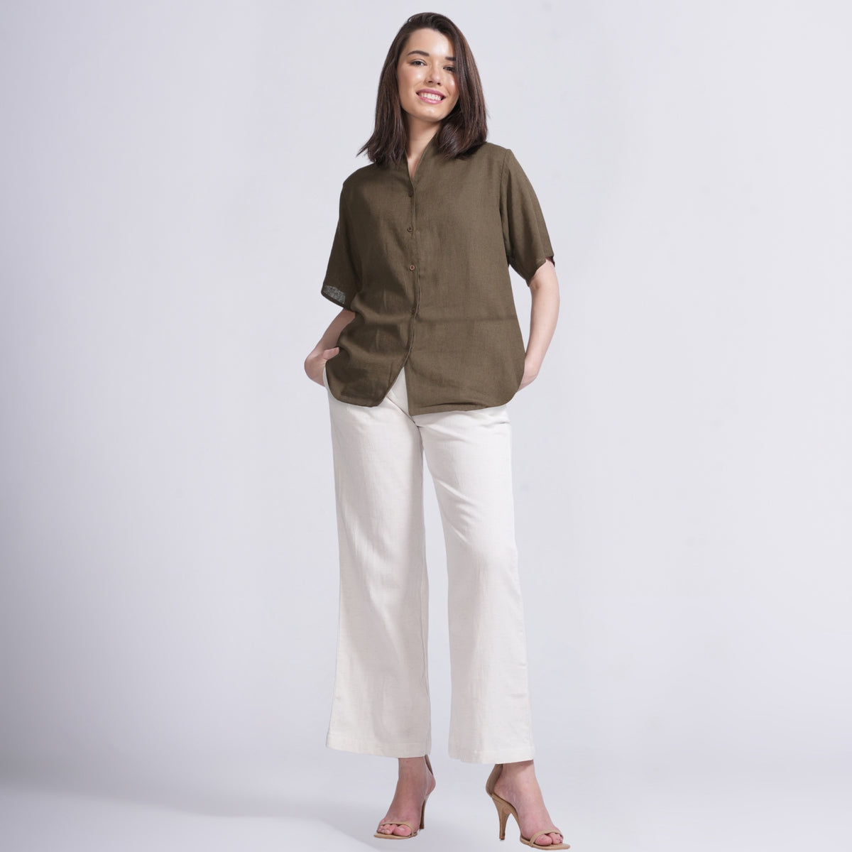 Klara Set Of 2 - Wrap Collar Top & Pants - Olive & Ecru