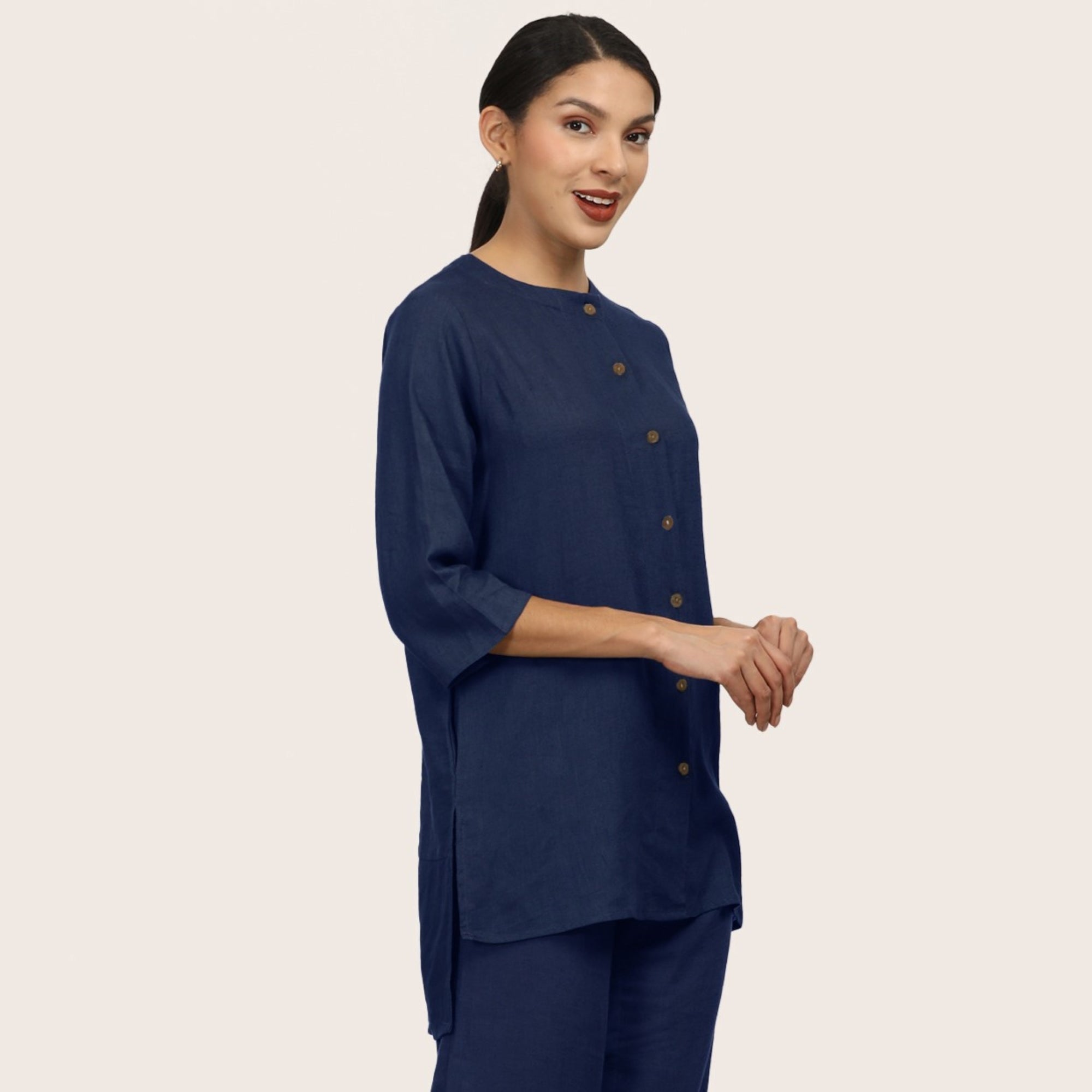 Nyla Long Line Shirt - Navy Blue