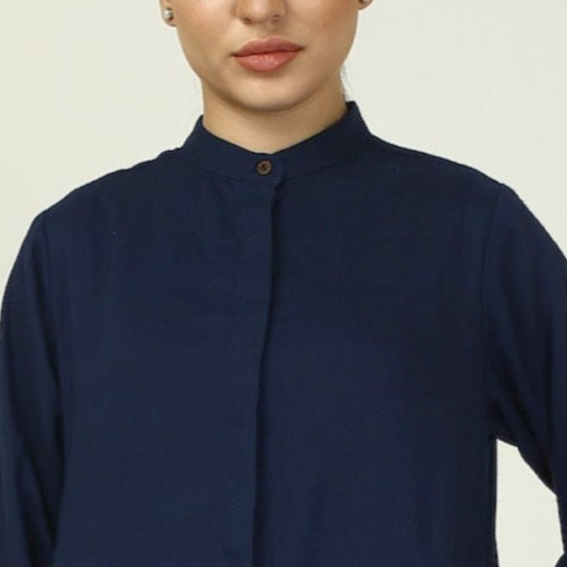 Florence Mandarin Collar Long Shirt -  Navy Blue
