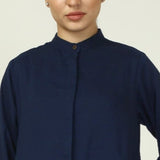 Florence Mandarin Collar Long Shirt -  Navy Blue