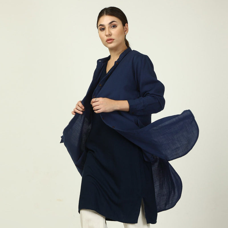 Florence Mandarin Collar Long Shirt -  Navy Blue