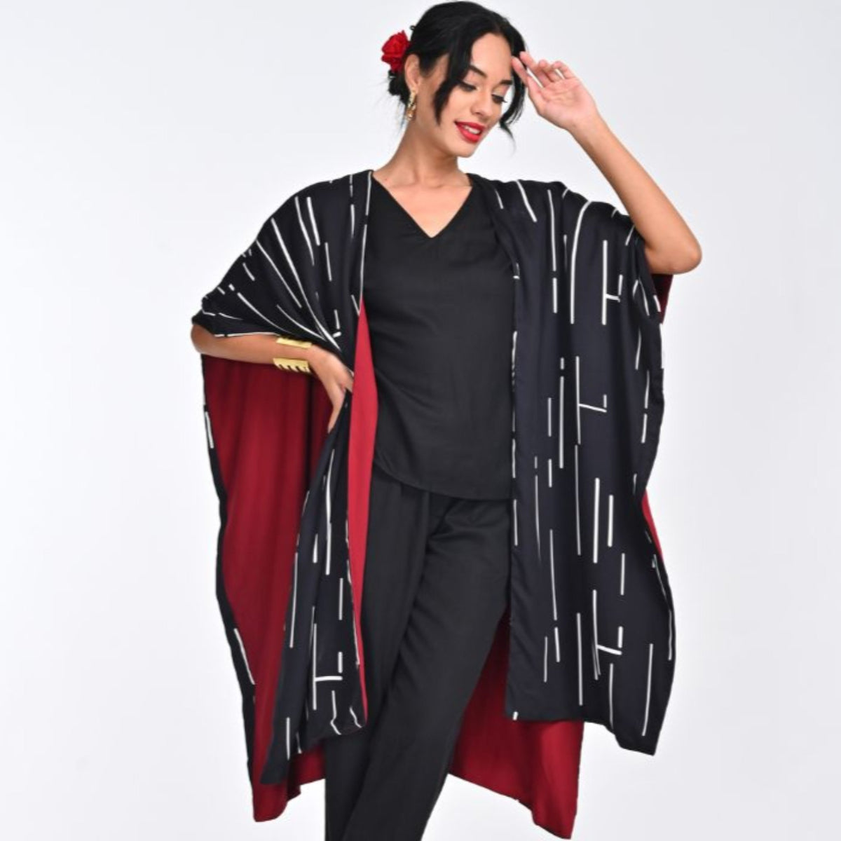 Reversible Cape - Black Cedar Print & Maroon - Limited Edition