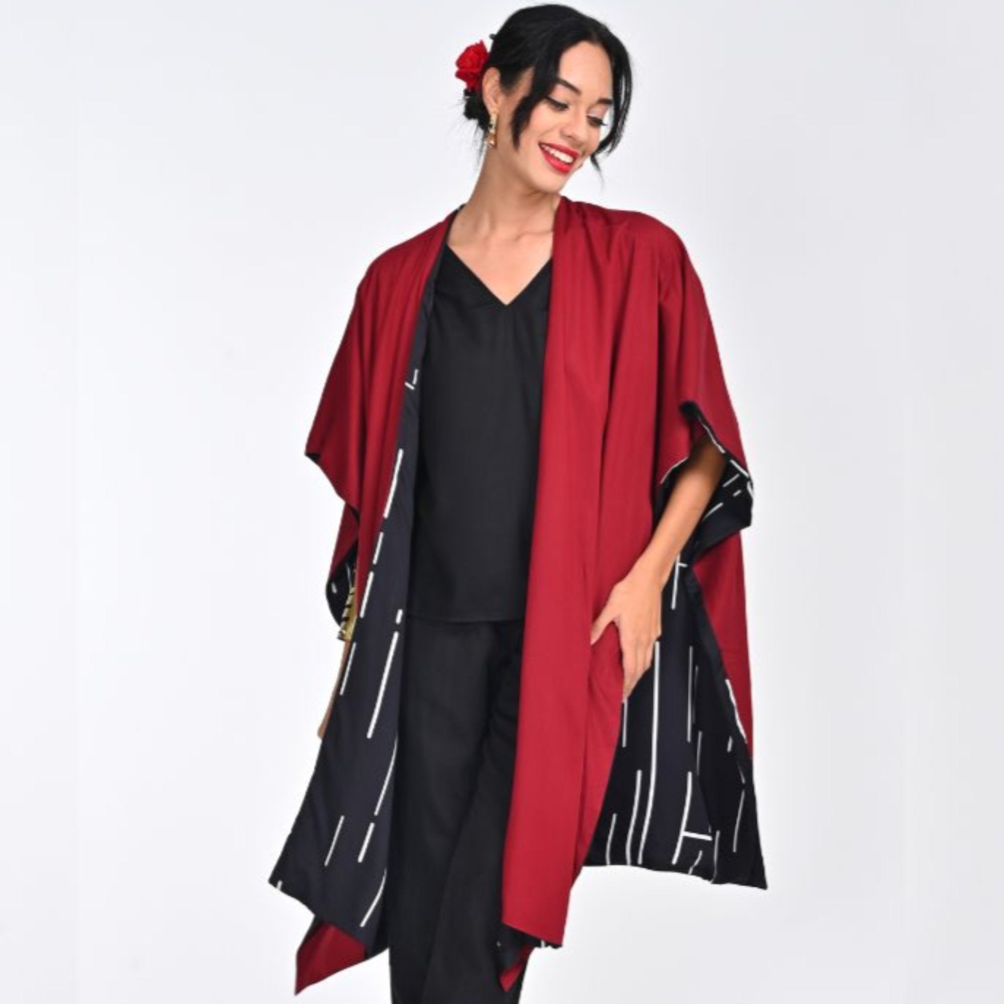 Reversible Cape - Black Cedar Print & Maroon - Limited Edition