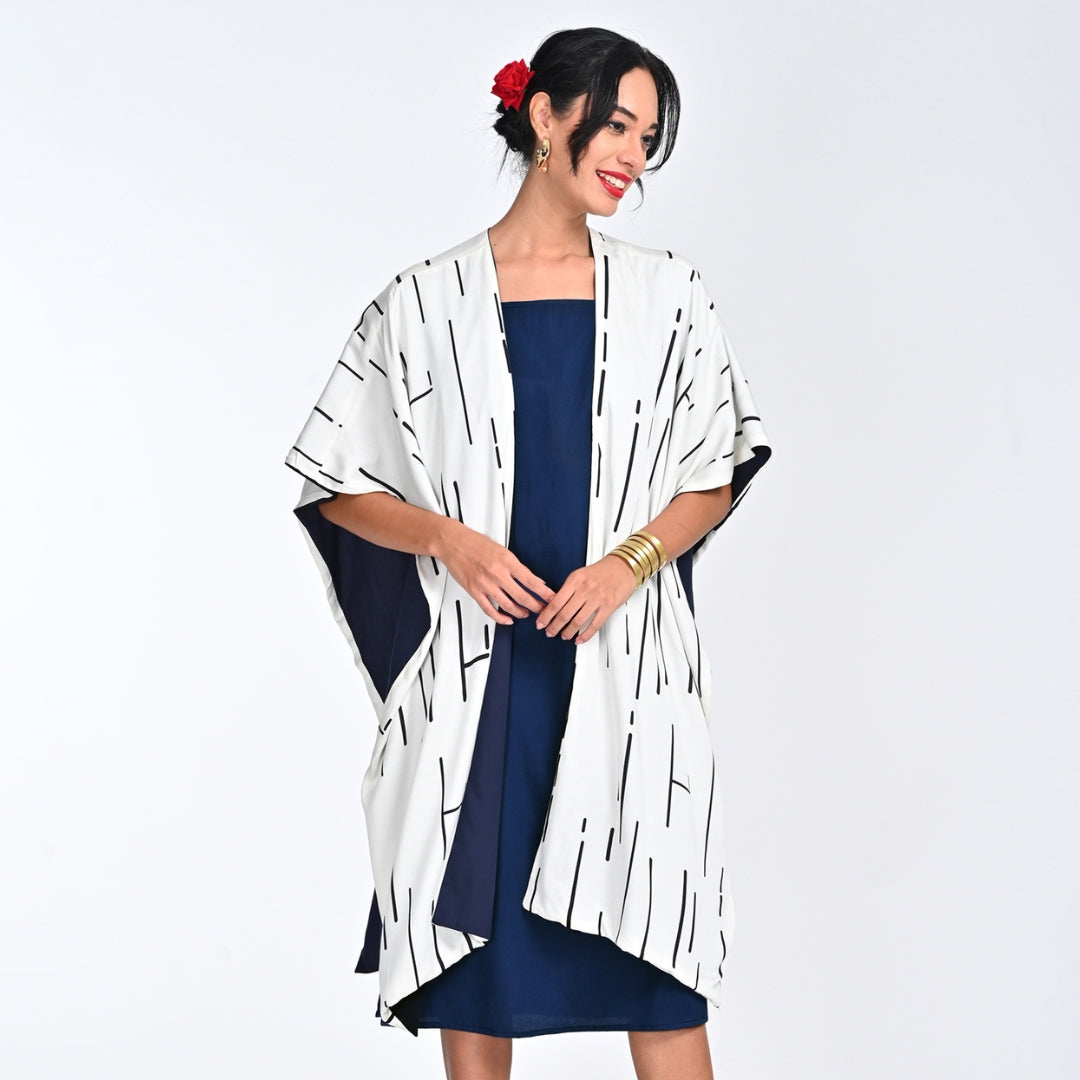 Astrid Set Of 2 - Reversible Cape & Dress - Ecru Cedar Print & Navy - Limited Edition