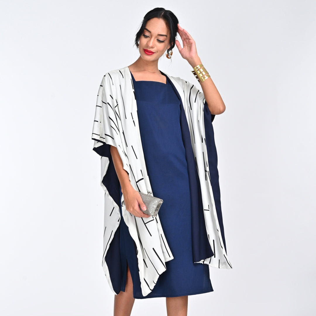 Reversible Cape - Ecru Cedar Print & Navy - Limited Edition