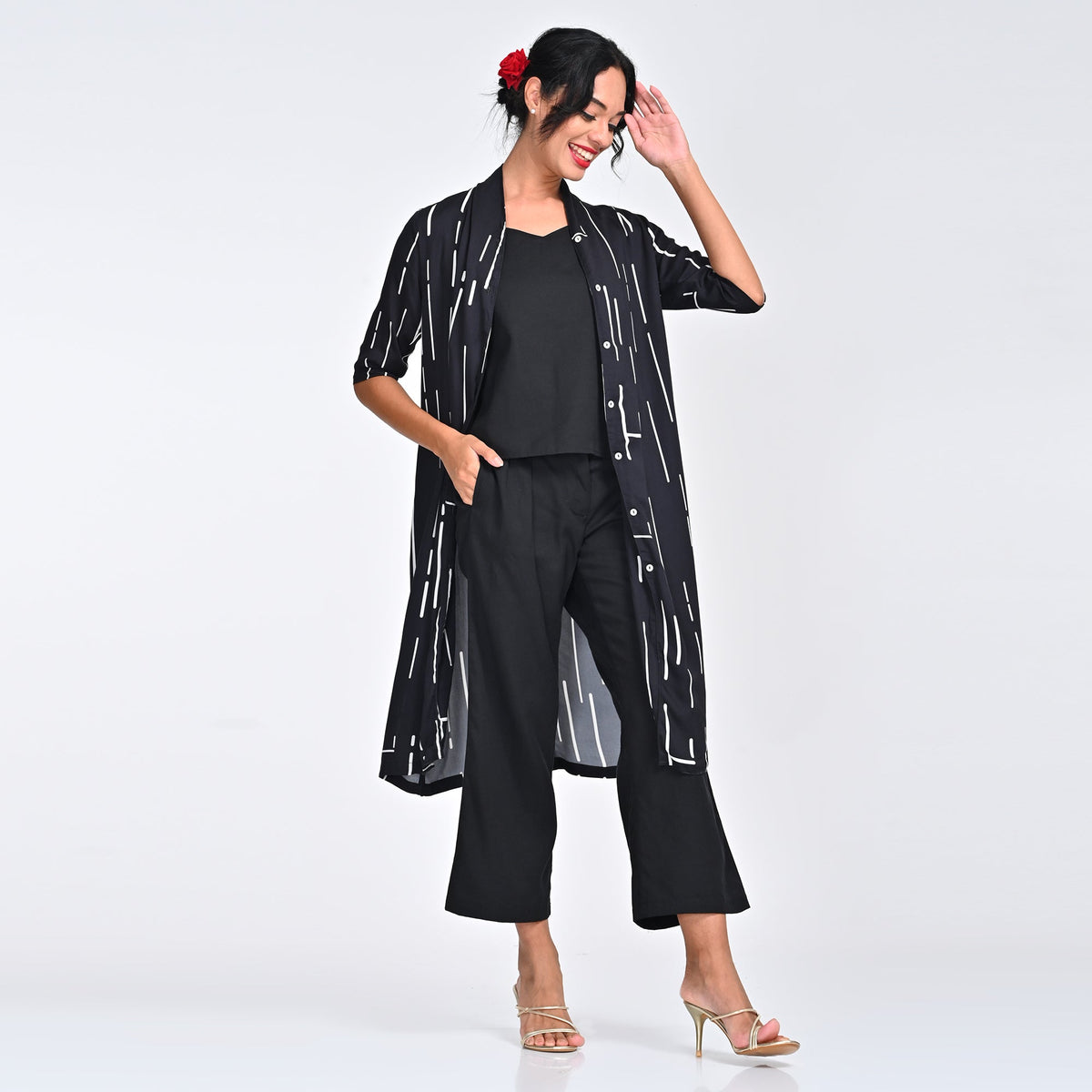 Dakota Set of 3 - Overlay, Slip Top & Pants - Black Cedar Print & Black - Limited Edtition