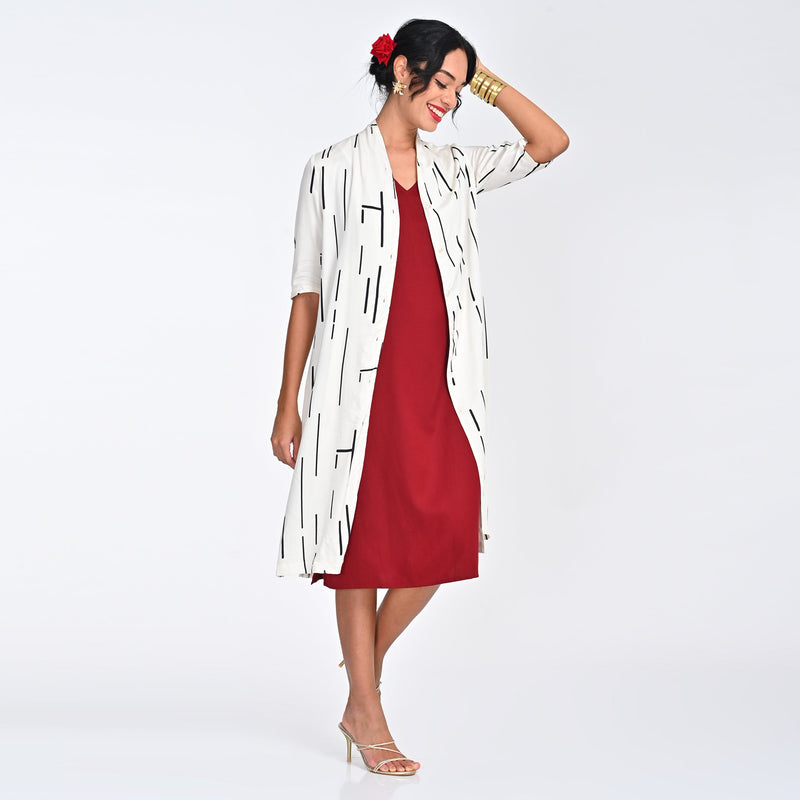 Dakota Set Of 2 - Long Shirt Jacket & Dress -  Ecru Cedar Print & Maroon - Limited Edition