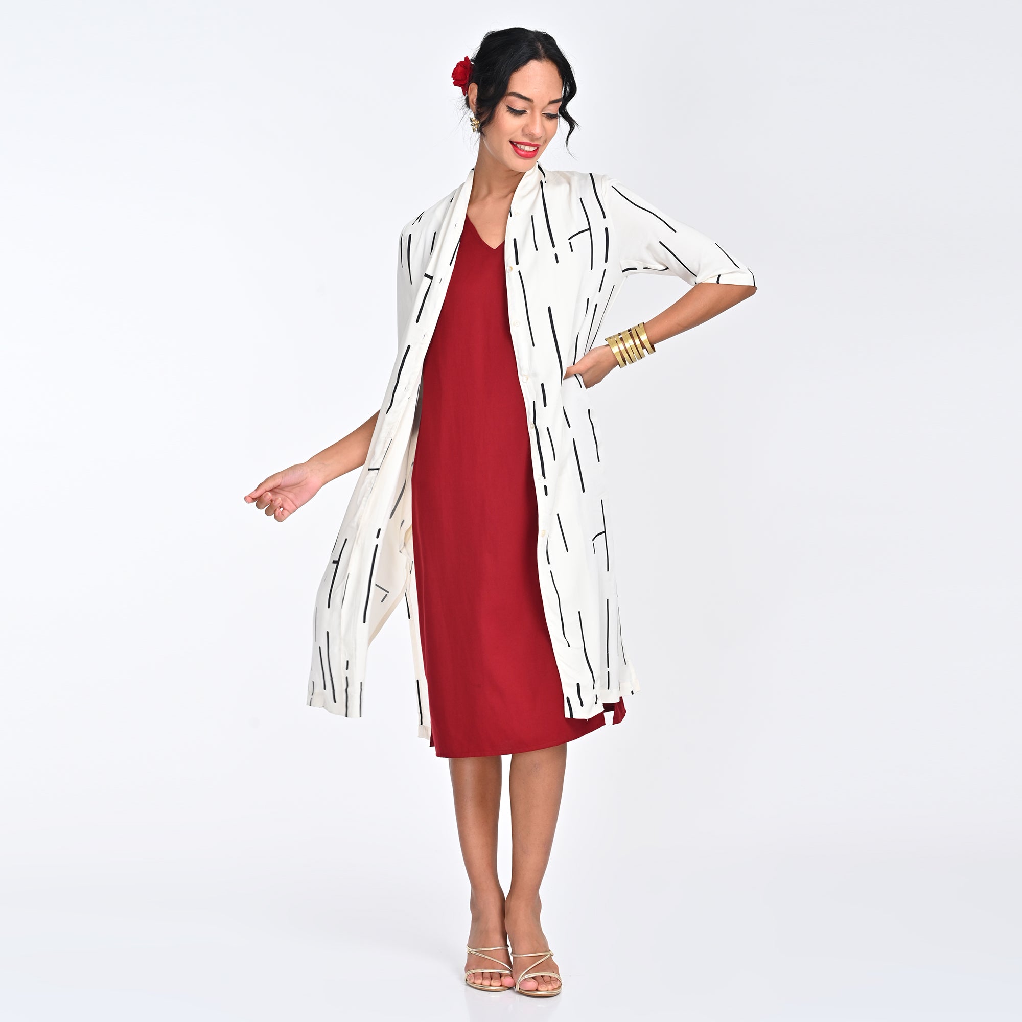 Dakota Set Of 2 - Long Shirt Jacket & Dress -  Ecru Cedar Print & Maroon - Limited Edition