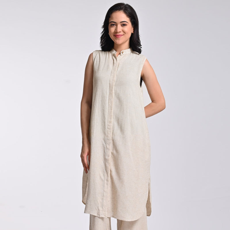 Dahlia Sleeveless Long Shirt - Beige