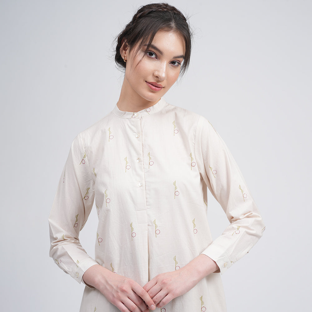 Pleated Tunic - Ecru block print