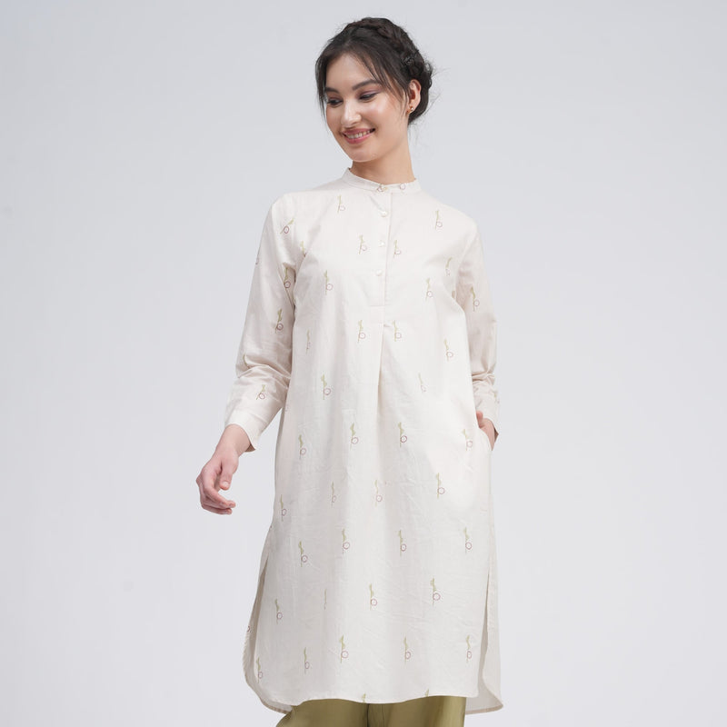 Pleated Tunic - Ecru block print