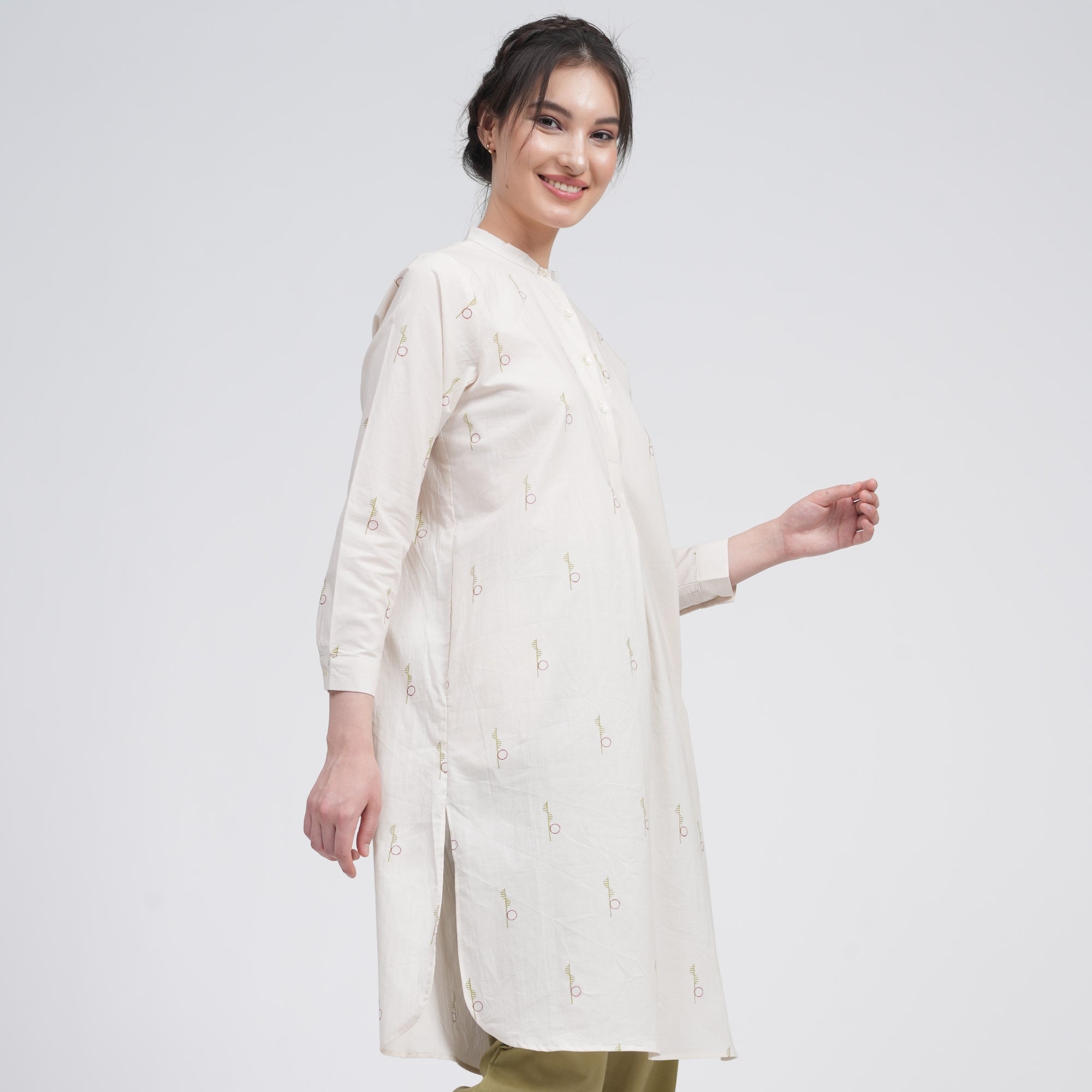 Pleated Tunic - Ecru block print