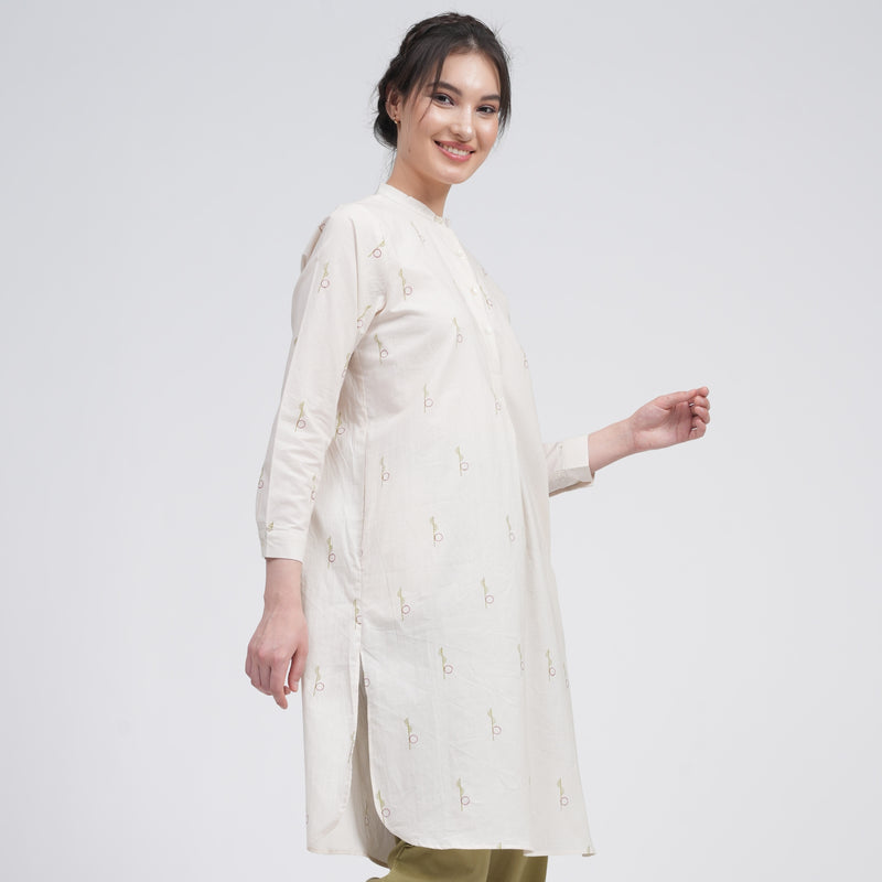 Pleated Tunic - Ecru block print