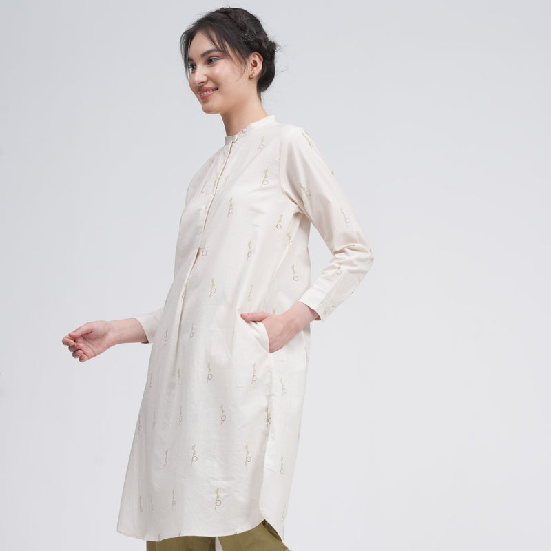 Pleated Tunic - Ecru block print