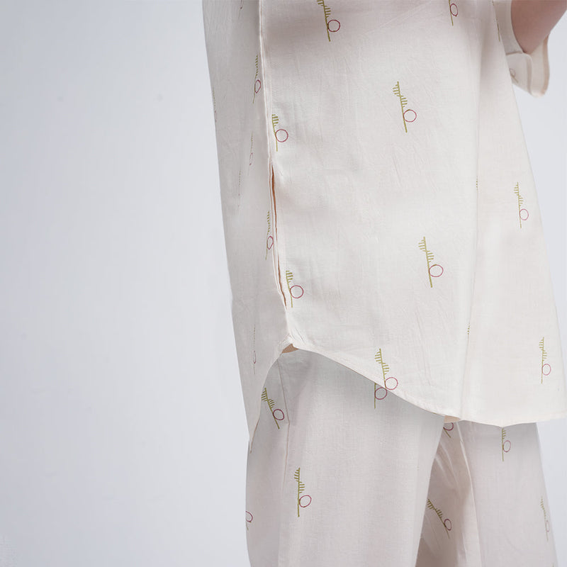 Skipper Collar Tunic Set Of 2 - Tunic & Pants - Ecru block print