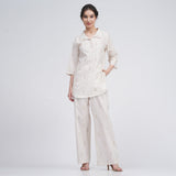 Skipper Collar Tunic Set Of 2 - Tunic & Pants - Ecru block print