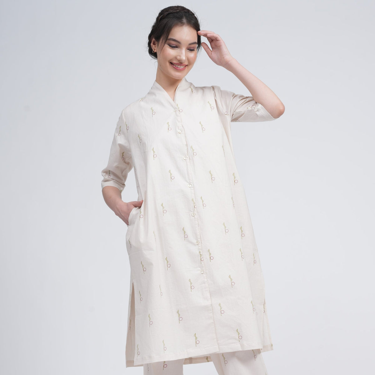 Dakota Long Shirt Jacket - Ecru block print