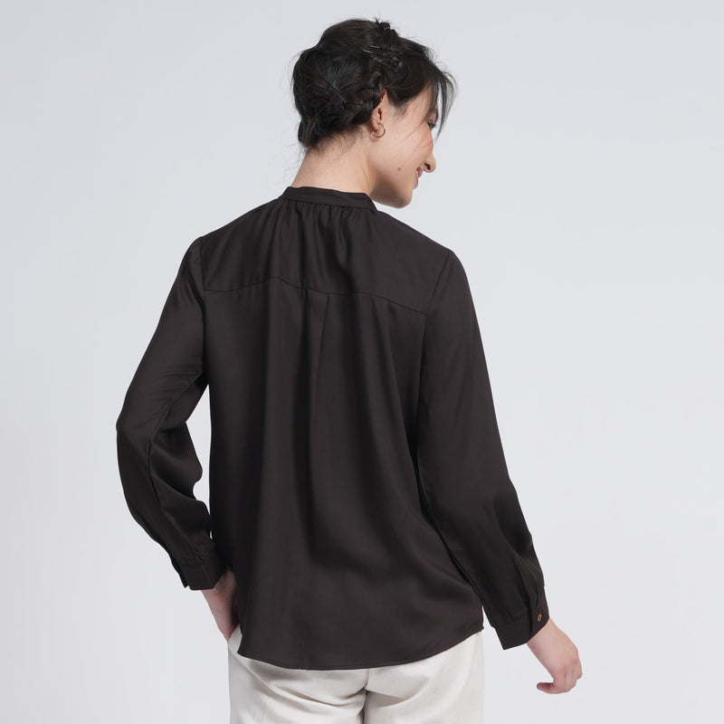 Shoji Gather Neck Top - Coffee Brown