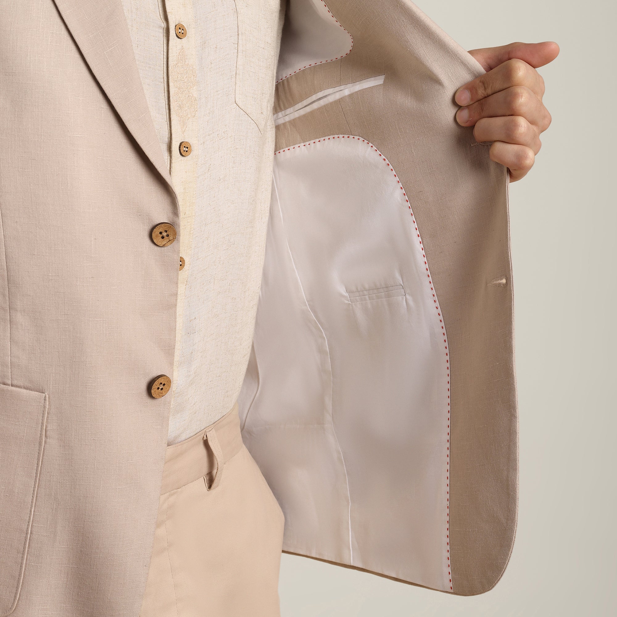 iL Lino Set of 3 - Relaxed Fit Linen Blend Blazer, Relaxed Fit Linen Blend Shirt & Relaxed Fit Cotton Stretch Chinos - Natural Grey & Beige