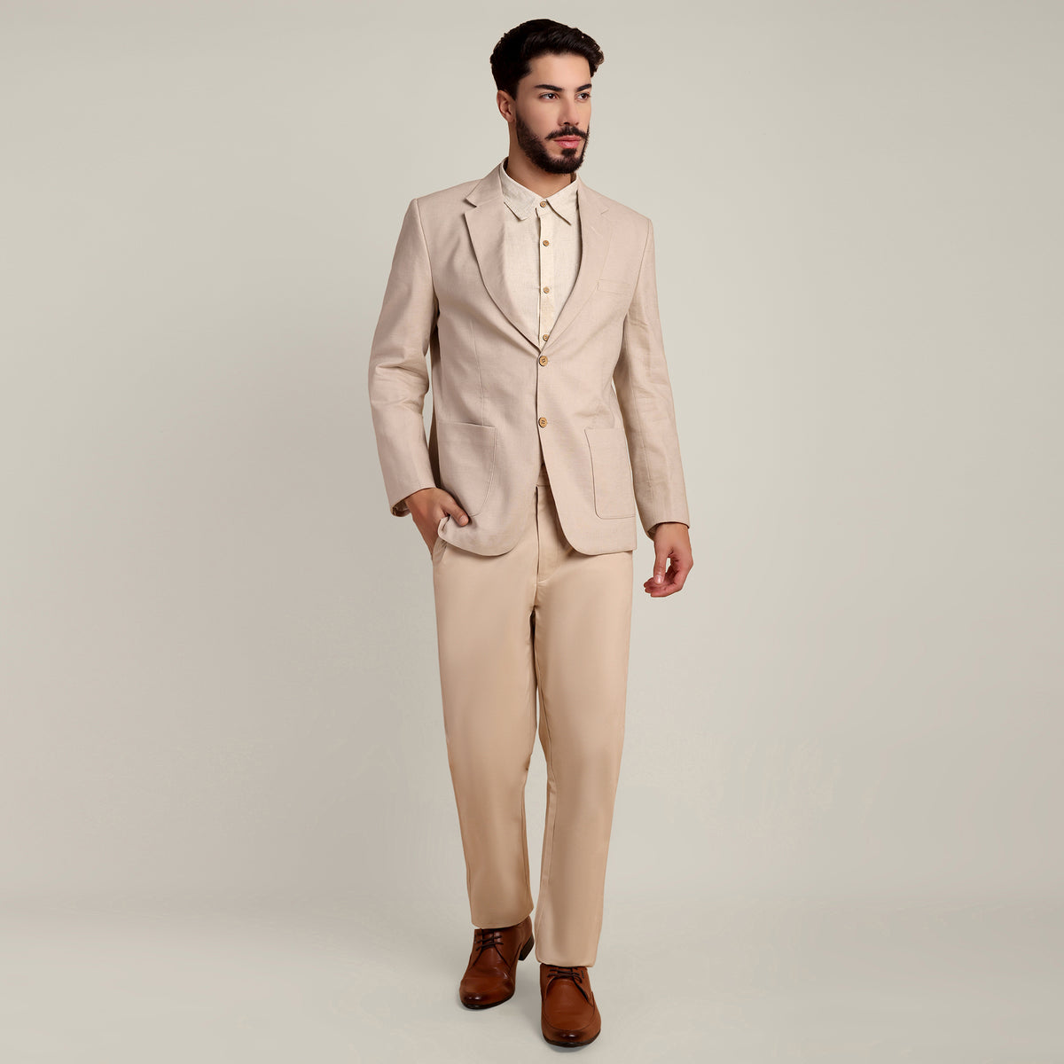 iL Lino Set of 3 - Relaxed Fit Linen Blend Blazer, Relaxed Fit Linen Blend Shirt & Relaxed Fit Cotton Stretch Chinos - Natural Grey & Beige