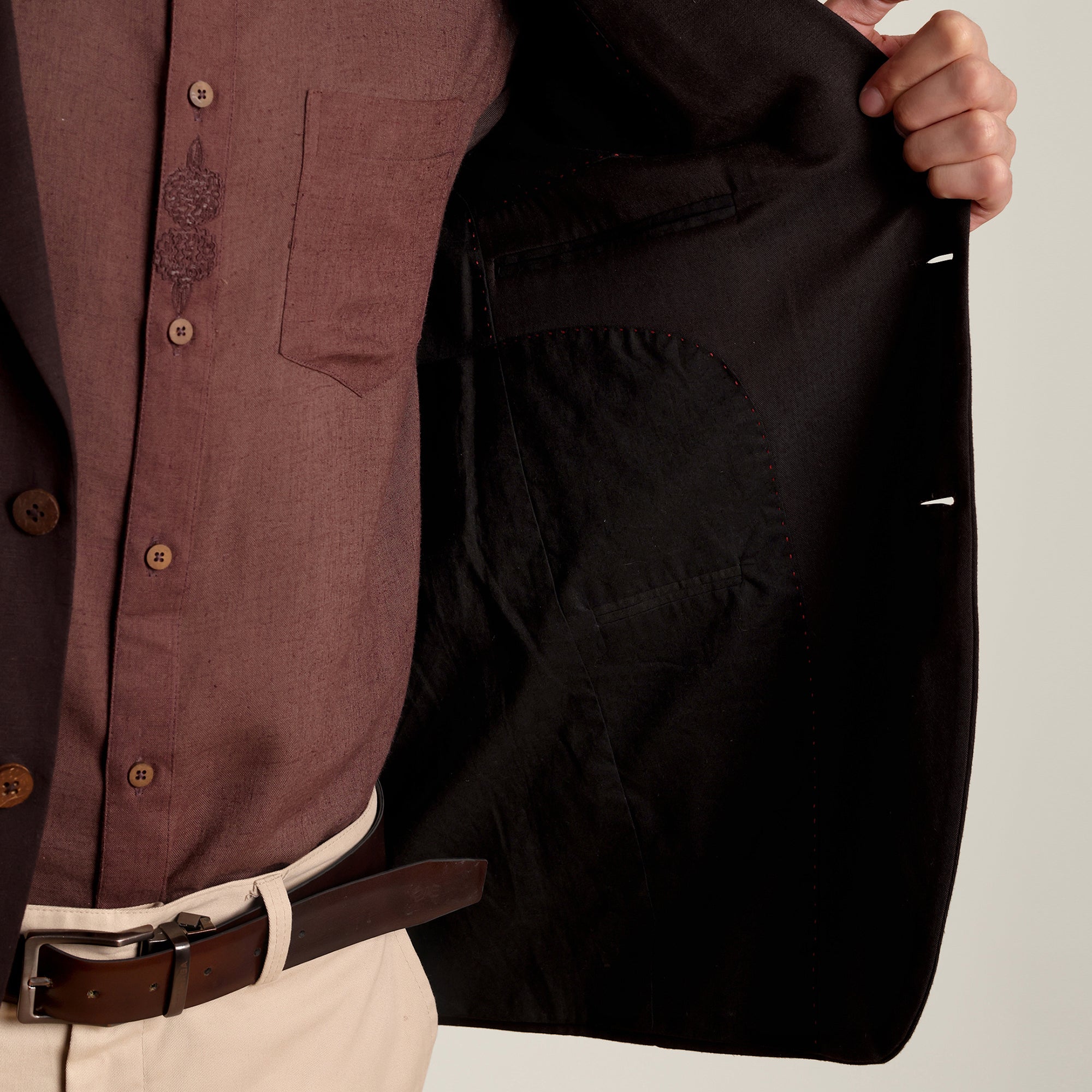 iL Lino Set of 3 - Relaxed Fit Linen Blend Blazer, Relaxed Fit Linen Blend Shirt & Relaxed Fit Cotton Stretch Chinos - Coffee Brown & Beige