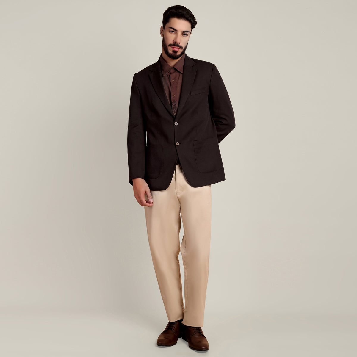 iL Lino Set of 3 - Relaxed Fit Linen Blend Blazer, Relaxed Fit Linen Blend Shirt & Relaxed Fit Cotton Stretch Chinos - Coffee Brown & Beige