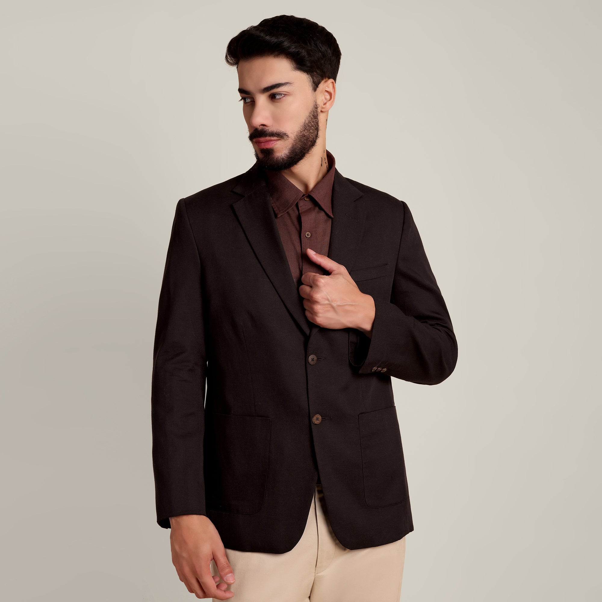 iL Lino Set of 3 - Relaxed Fit Linen Blend Blazer, Relaxed Fit Linen Blend Shirt & Relaxed Fit Cotton Stretch Chinos - Coffee Brown & Beige