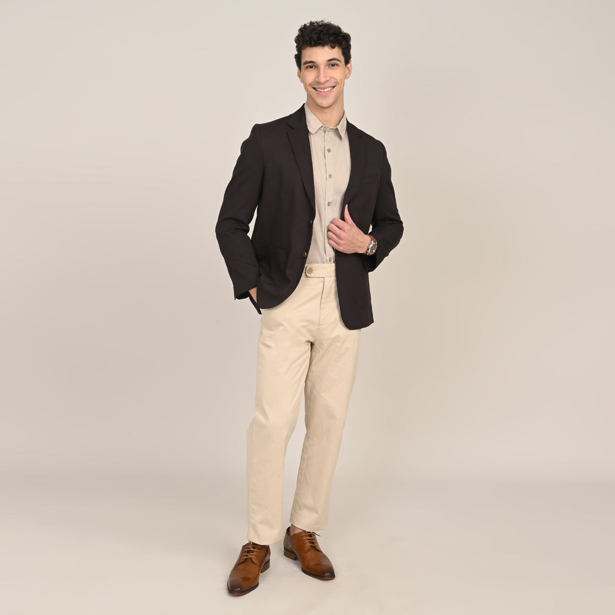 iL Lino Set of 3 - Relaxed Fit Linen Blend Blazer, Relaxed Fit Linen Blend Shirt & Relaxed Fit Cotton Stretch Chinos - Coffee Brown, Greige & Beige