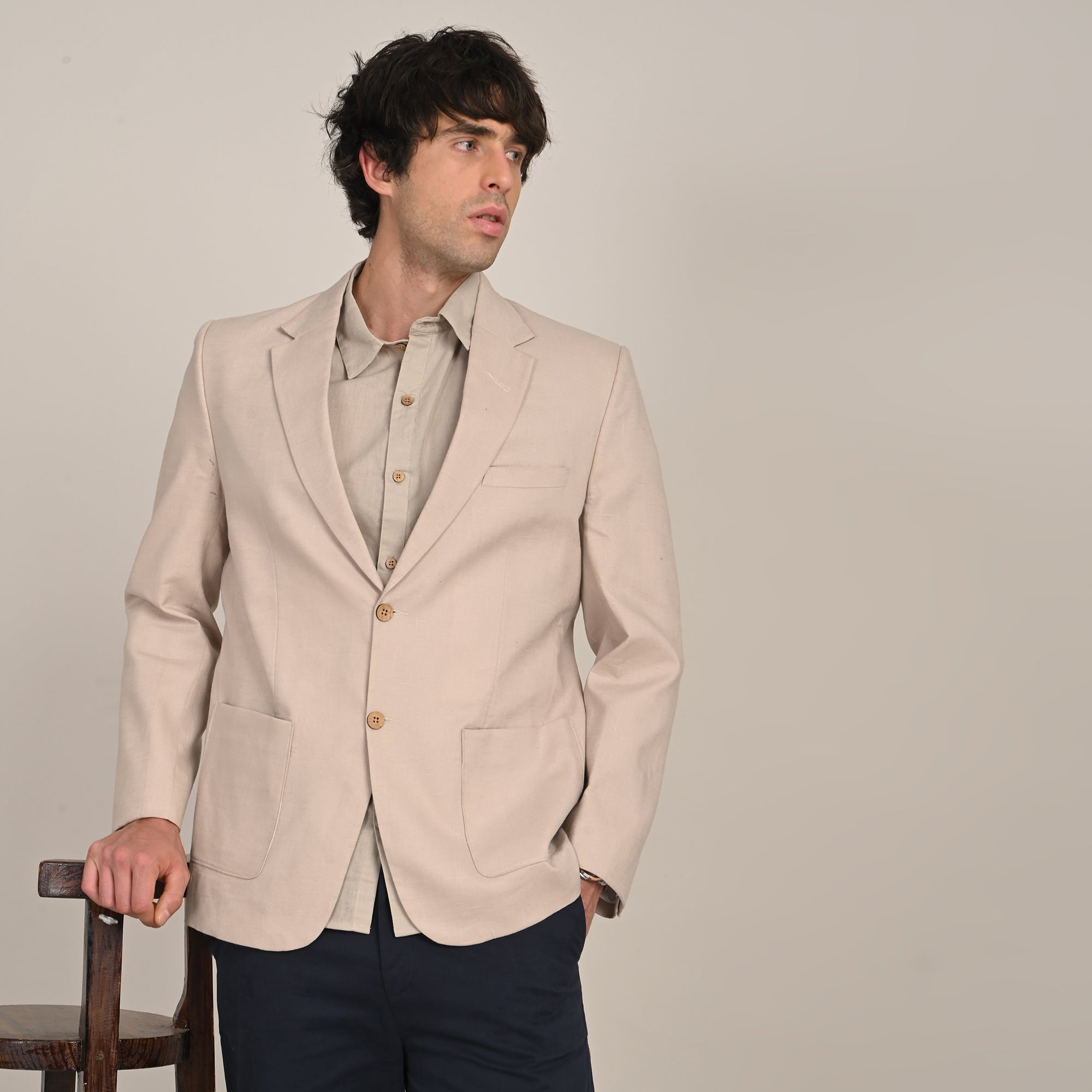 iL Lino Set of 3 - Relaxed Fit Linen Blend Blazer, Relaxed Fit Linen Blend Shirt & Relaxed Fit Cotton Stretch Chinos - Natural Grey & Navy Blue