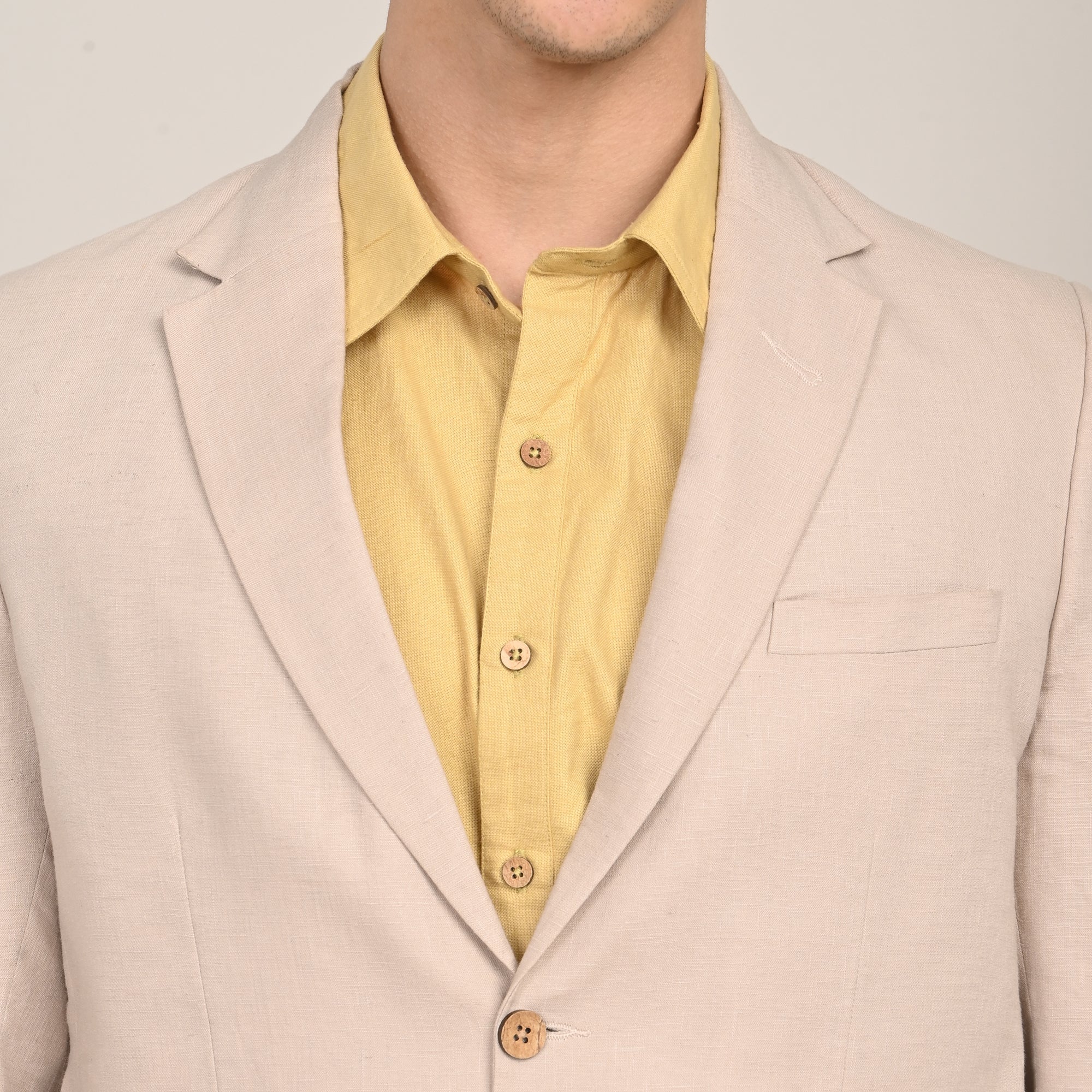 iL Lino Set of 3 - Relaxed Fit Linen Blend Blazer, Relaxed Fit Linen Blend Shirt & Relaxed Fit Cotton Stretch Chinos - Butter Yellow, Greige & Beige