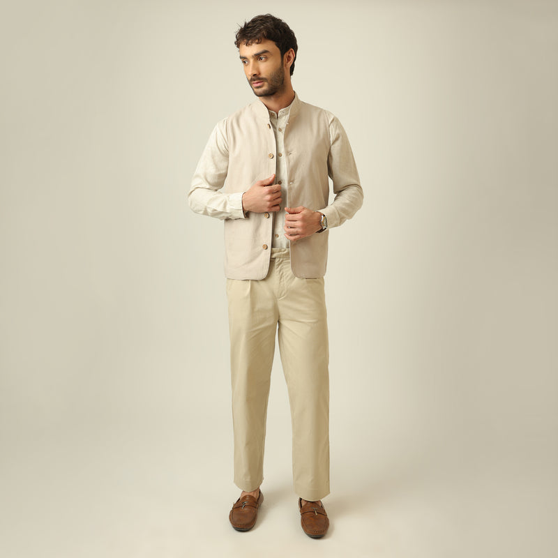 Bandhgala Set Of 3 - Linen Cotton - Greige & Beige