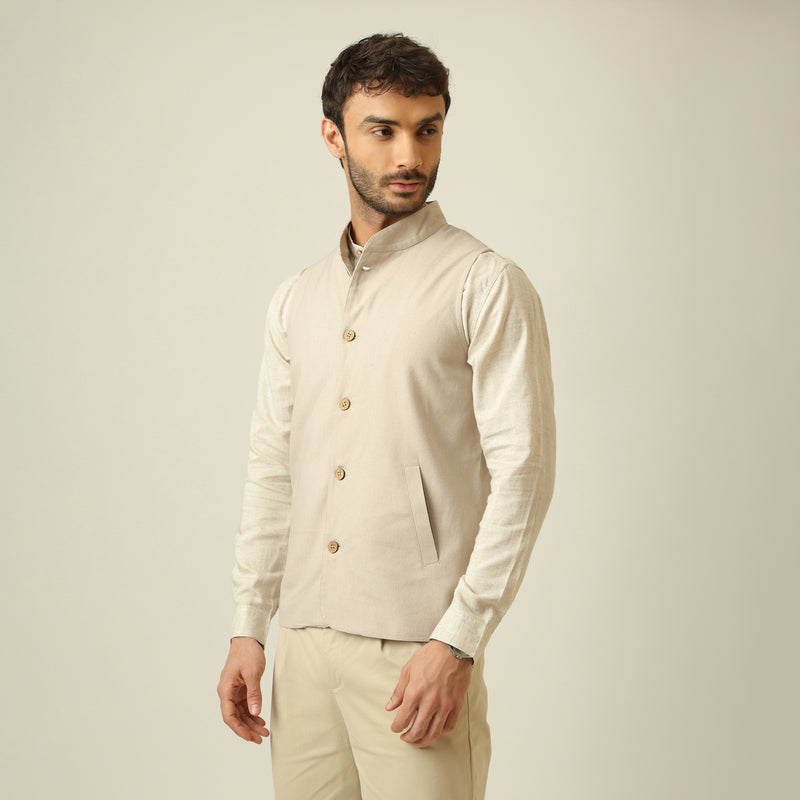 Bandhgala Set Of 3 - Linen Cotton - Greige & Beige