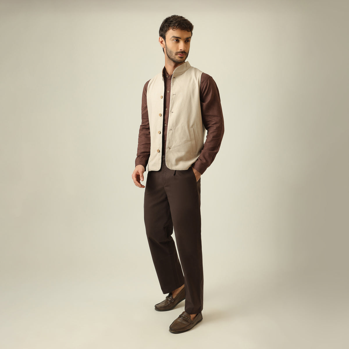 Bandhgala Set Of 3 - Linen Cotton - Greige & Coffee