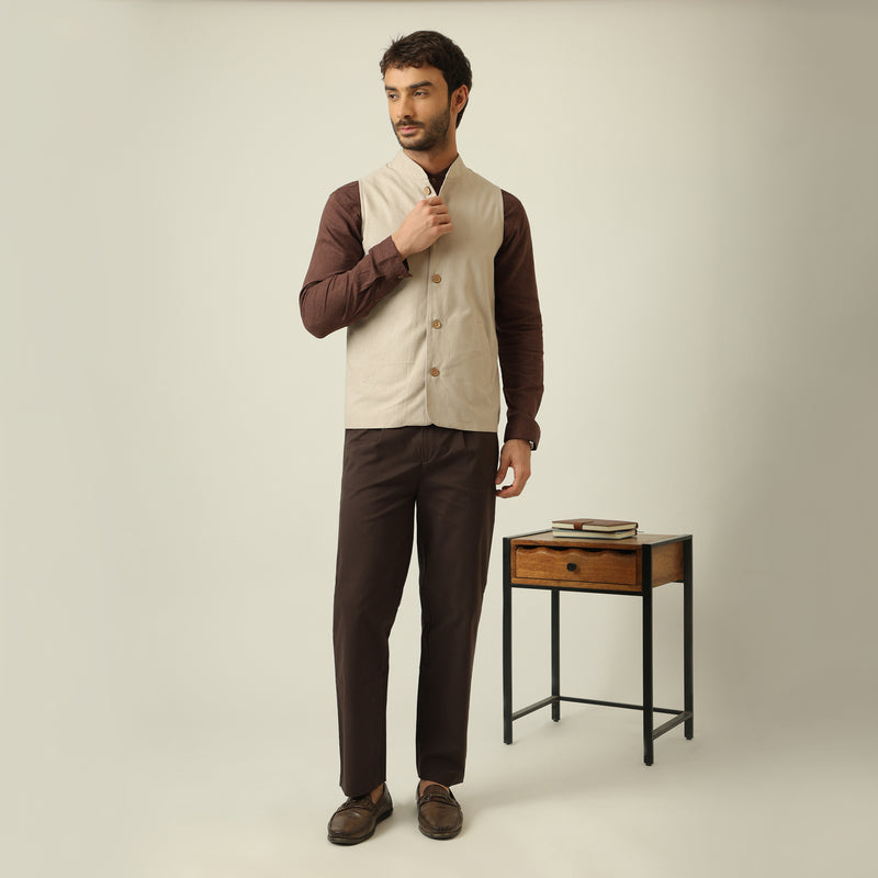 Bandhgala Set Of 3 - Linen Cotton - Greige & Coffee