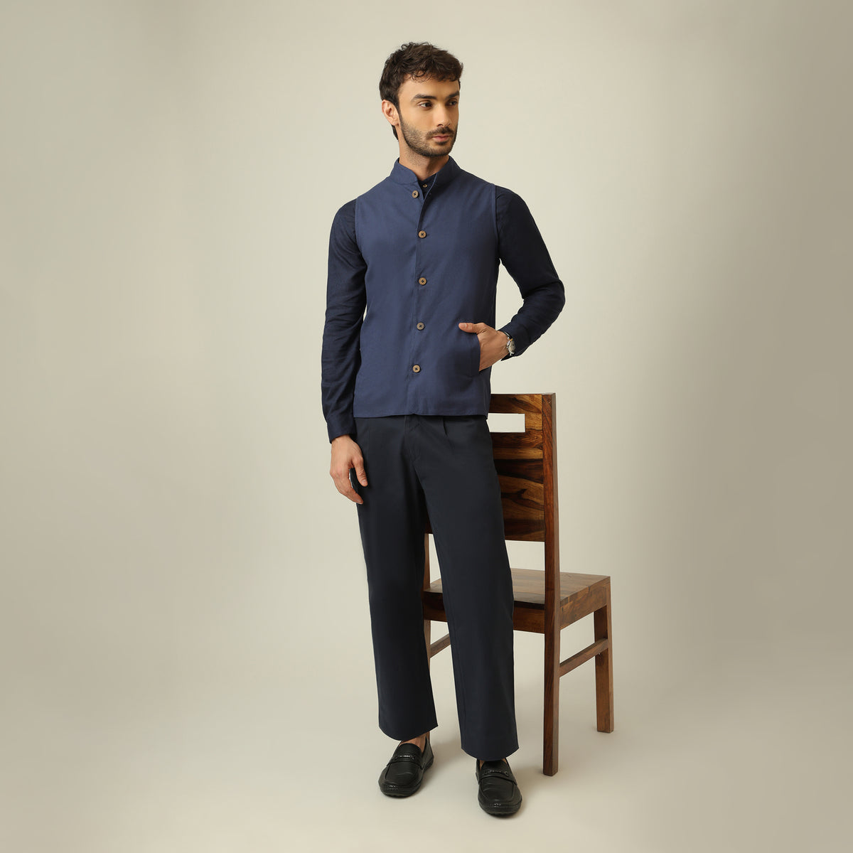 Bandhgala Set Of 3 - Linen Cotton - Navy Blue