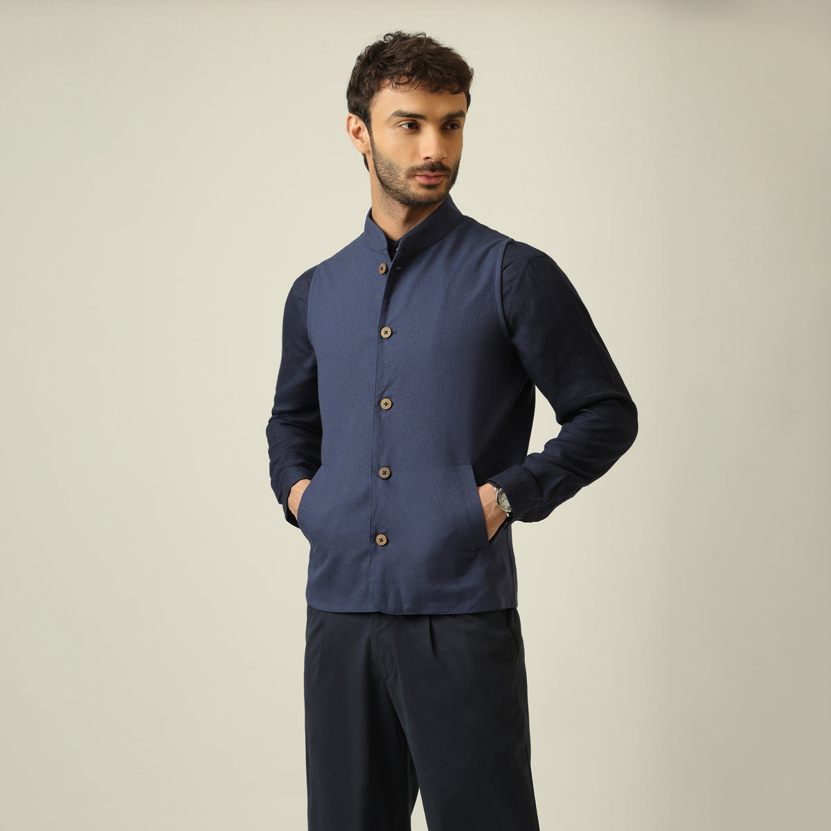 Bandhgala - Linen Cotton - Navy Blue