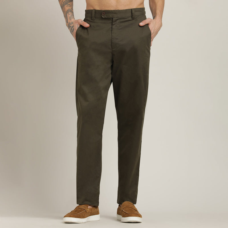Iki Set of 2 - Regular Fit Mandarin Collar Shirt With Popover Placket & Loop Closure Paired With Relaxed Fit Straight Leg Chinos – Terracotta Brown &  Army Green