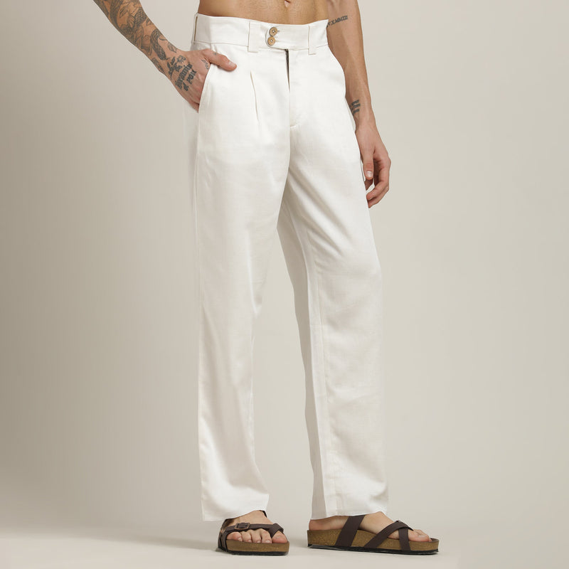 Baron Pants - Single Pleated - Loose Fit - Linen Blend - Ecru