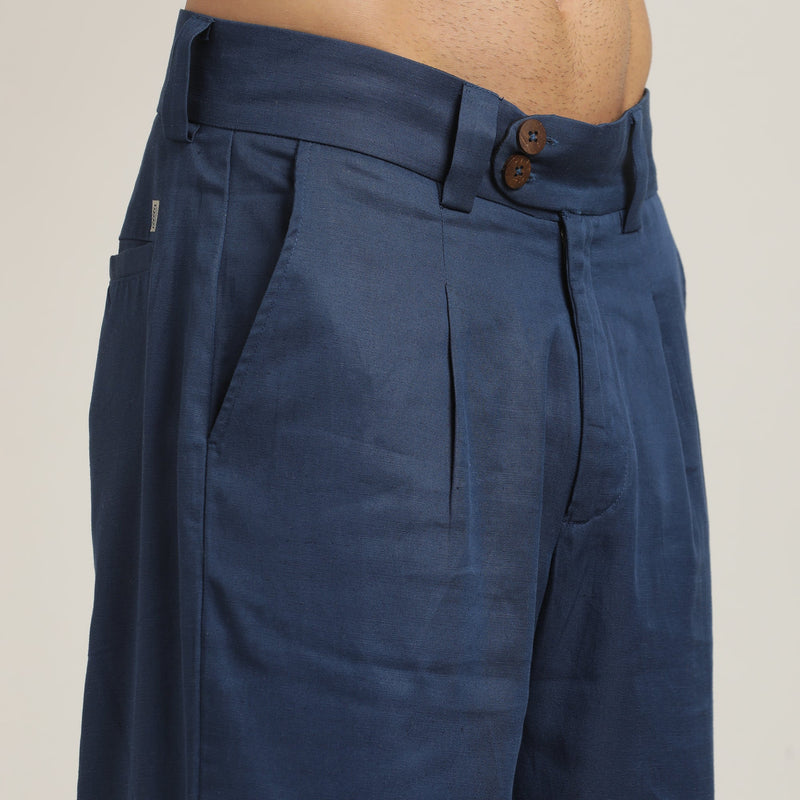 Baron Pants - Single Pleated - Loose Fit - Linen Blend - Navy Blue